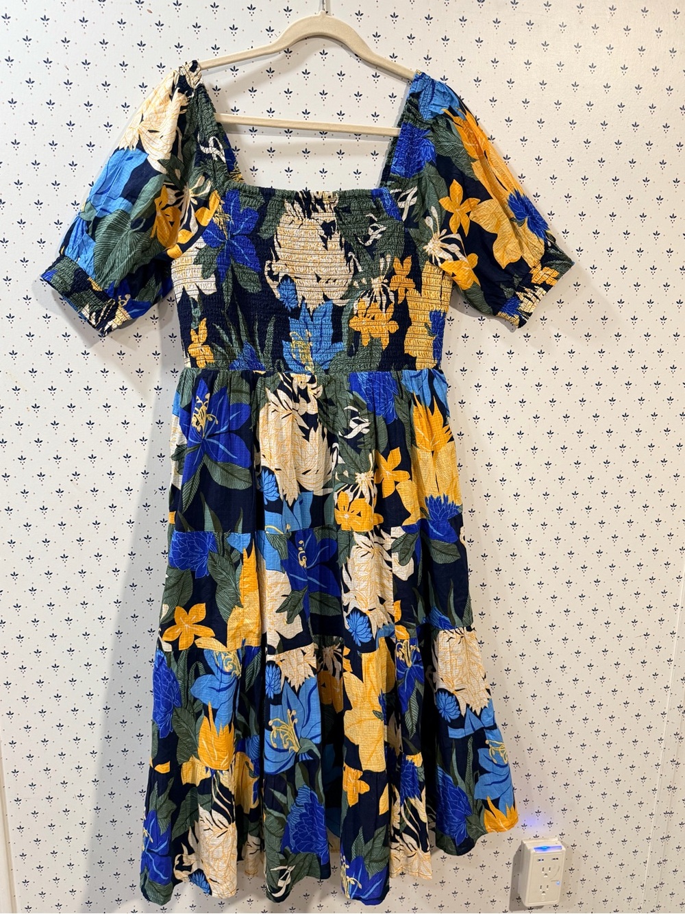 Lands' End Smocked Cotton Dobby Midi Puff Sleeve Dress - Large
